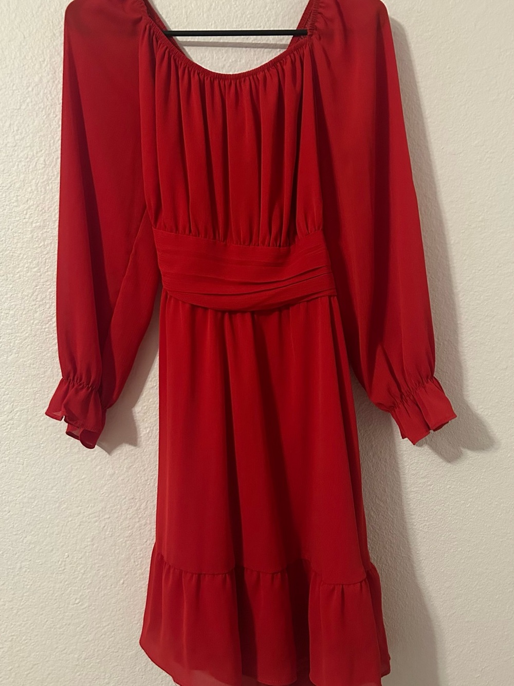 Red Long Sleeve Women’s Dress - Classic Gathered Waist